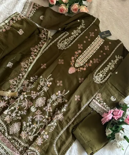 Mehendi Color Organza Pakistani Suit