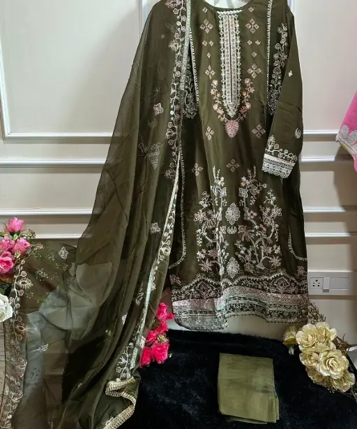 Mehendi Color Organza Pakistani Suit