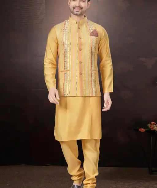 Wedding Wear Kurta With Nehru Jacket For Mens
