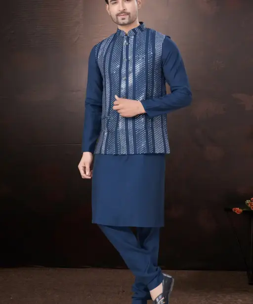 Wedding Wear Kurta With Nehru Jacket For Mens