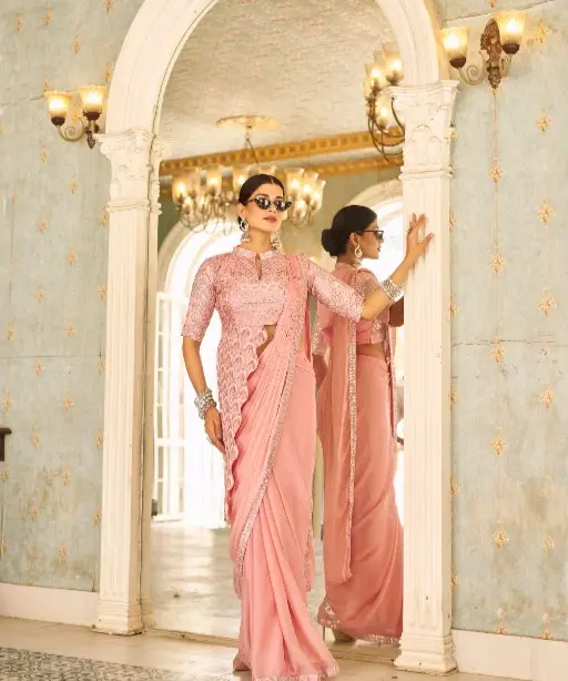 Party Wear Ready-to-Wear Saree with Stitched Blouse