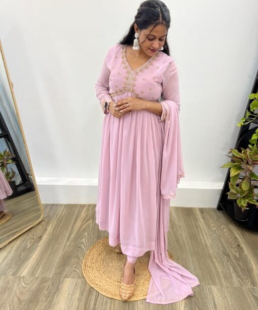 Party Wear Pink Color Handwork Gown with Dupatta