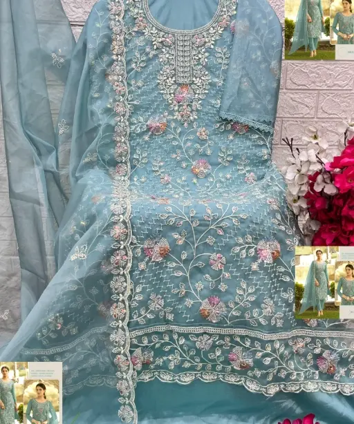 Pastel Color Organza Pakistani Suit with Beads Work