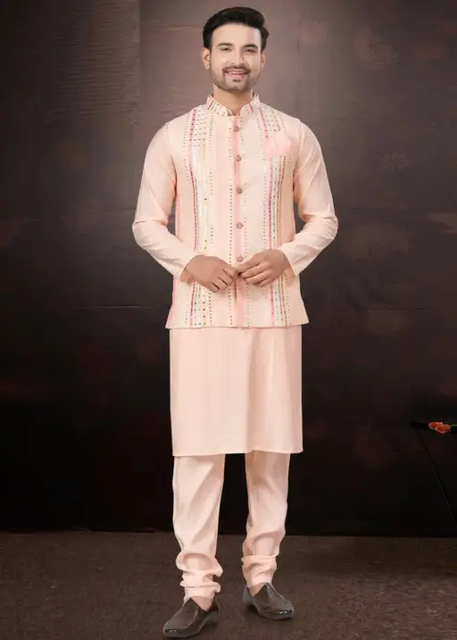 Wedding Wear Kurta With Nehru Jacket For Mens