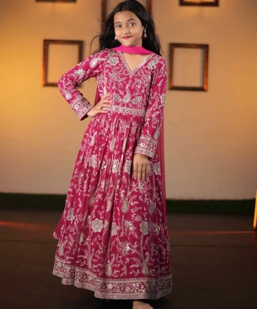 Pink Color Heavy Embroidery Work Kids Gown