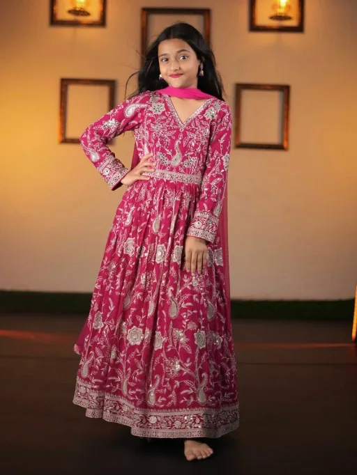 Pink Color Heavy Embroidery Work Kids Gown