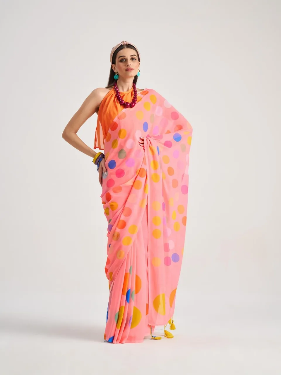 Polka Dots Printed Saree with Latkans