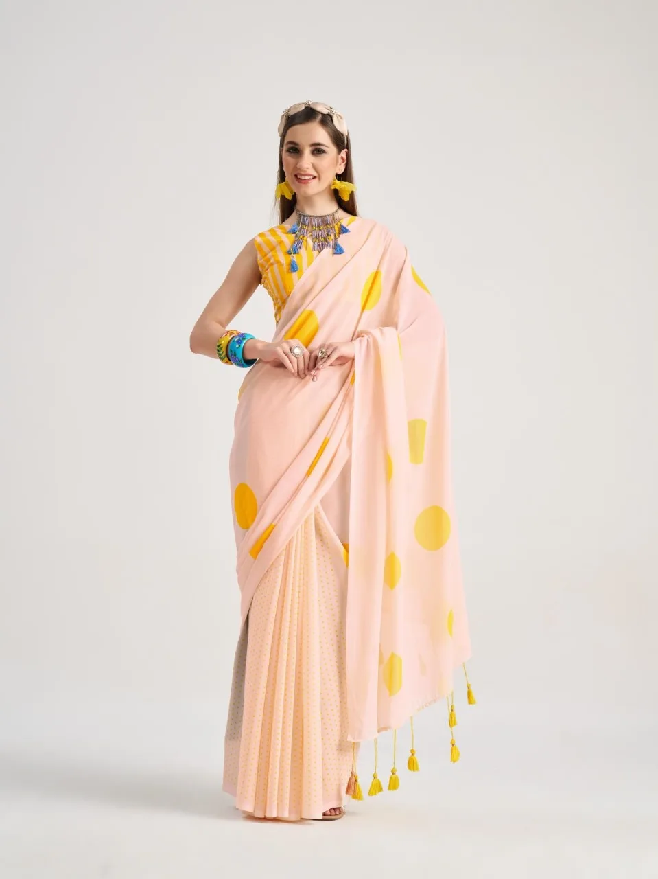 Polka Dots Printed Saree with Latkans