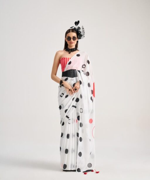 Polka Dots Printed Saree with Latkans