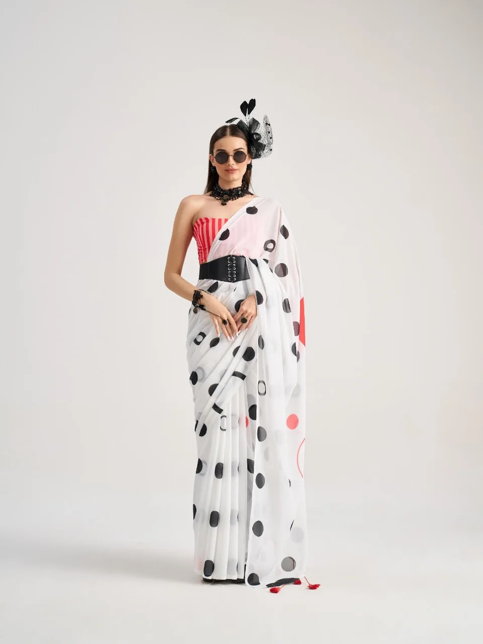 Polka Dots Printed Saree with Latkans