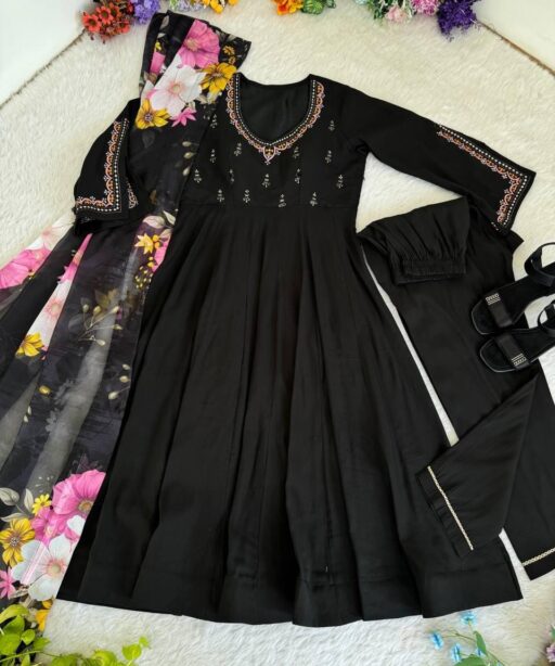 Pure Black Embroidery Gown with Floral Dupatta