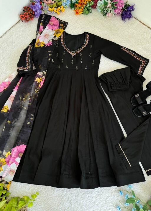 Pure Black Embroidery Gown with Floral Dupatta