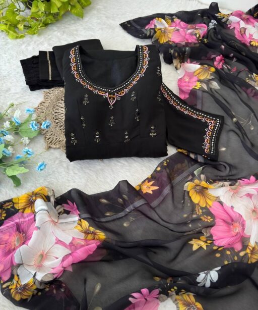 Pure Black Embroidery Gown with Floral Dupatta