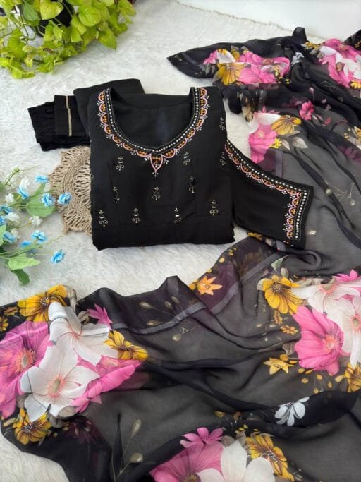 Pure Black Embroidery Gown with Floral Dupatta