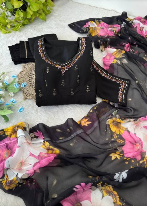 Pure Black Embroidery Gown with Floral Dupatta