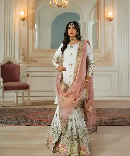 Readymade White Sharara with Multicolor Embroidery