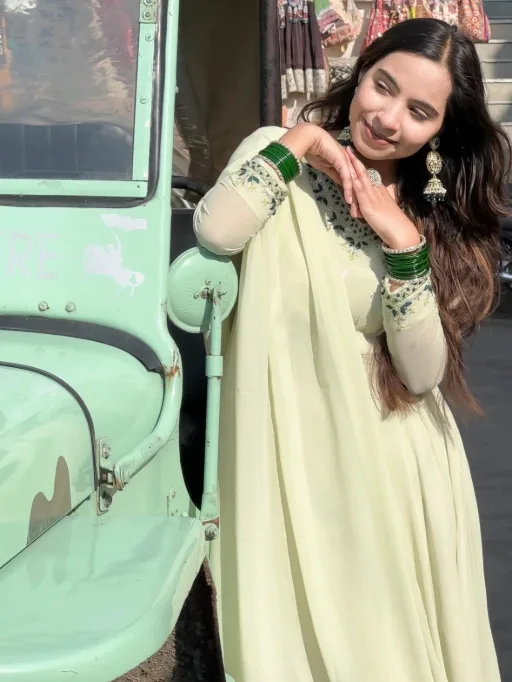 Readymade Pista Color Anarkali Gown With HandWork