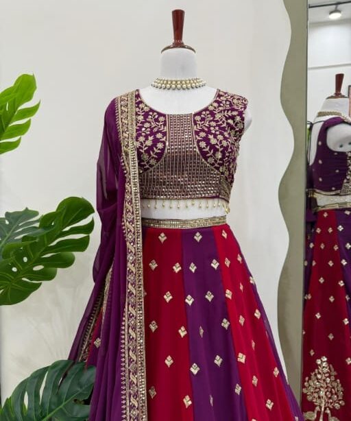 Red And Purple Wedding Wear Peacock Embroidery Lehenga Choli