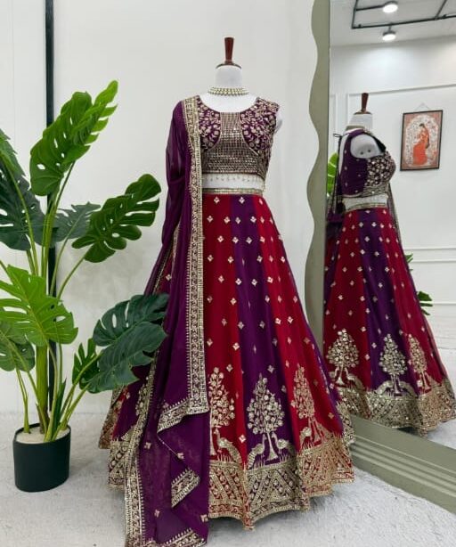 Red And Purple Wedding Wear Peacock Embroidery Lehenga Choli