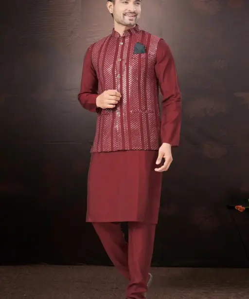 Wedding Wear Kurta With Nehru Jacket For Mens