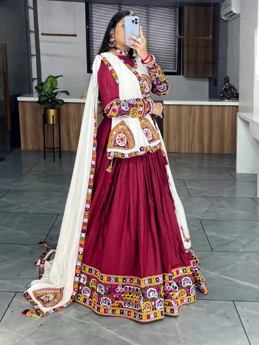 Red and white Gamthi work cotton chaniya choli For Navratri 2025