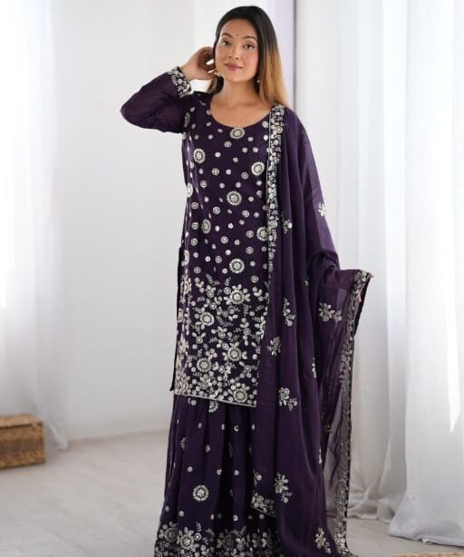 Royal Purple Flower Embroidery Work Sharara Suit
