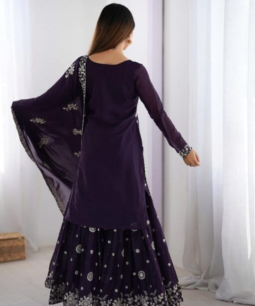 Royal Purple Flower Embroidery Work Sharara Suit
