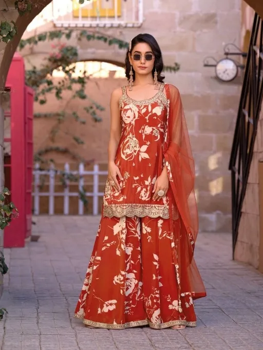 Sangeet Wear Palazzo Salwar Suit With Short Top - Image 2