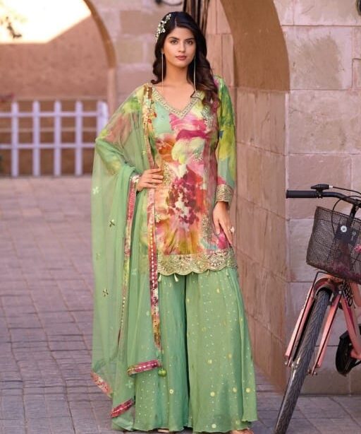 Sangeet Wear Palazzo Salwar Suit With Short Top