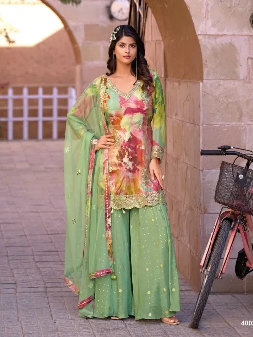 Sangeet Wear Palazzo Salwar Suit With Short Top