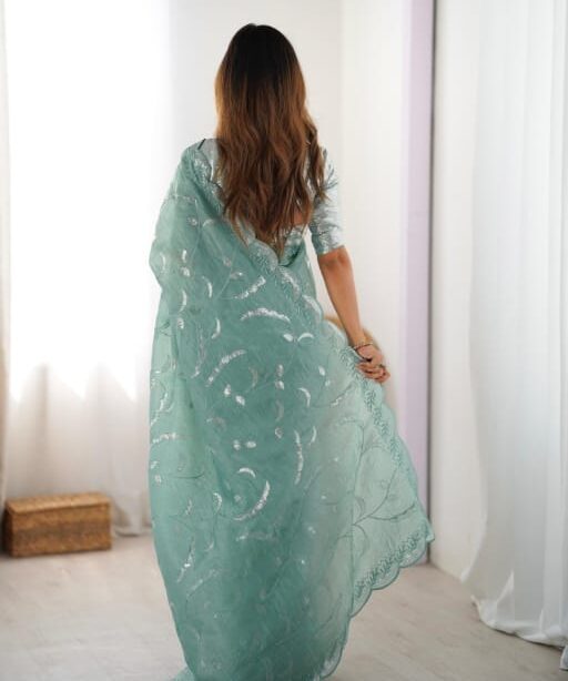 Sea Green Saree With Sequence Work For Women
