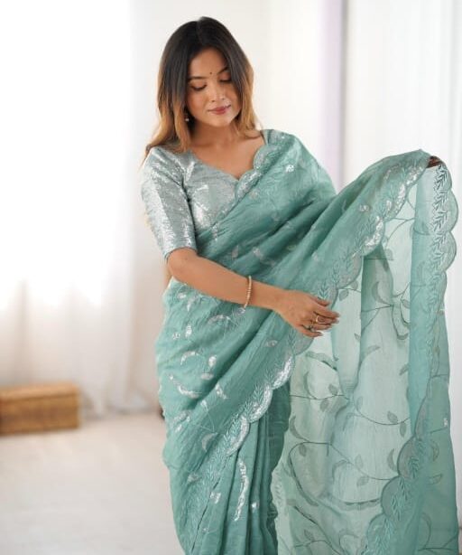 Sea Green Saree With Sequence Work For Women