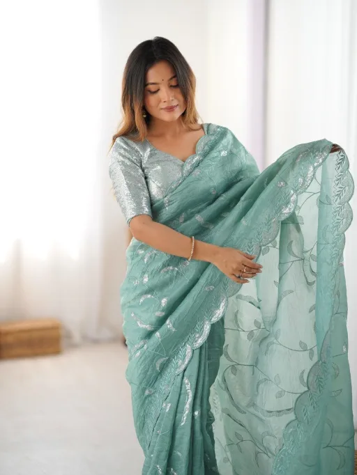 Sea Green Saree With Sequence Work For Women