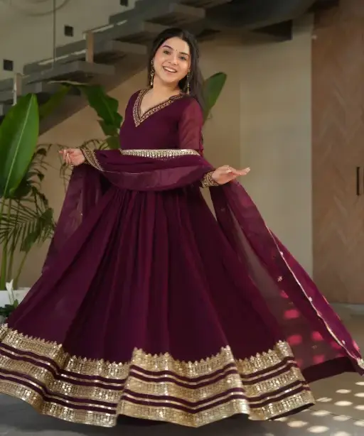 Shop elegant readymade maroon gown with dupatta for parties, weddings, and festive events. Stylish, comfortable, and ready-to-wear. Available in all sizes.