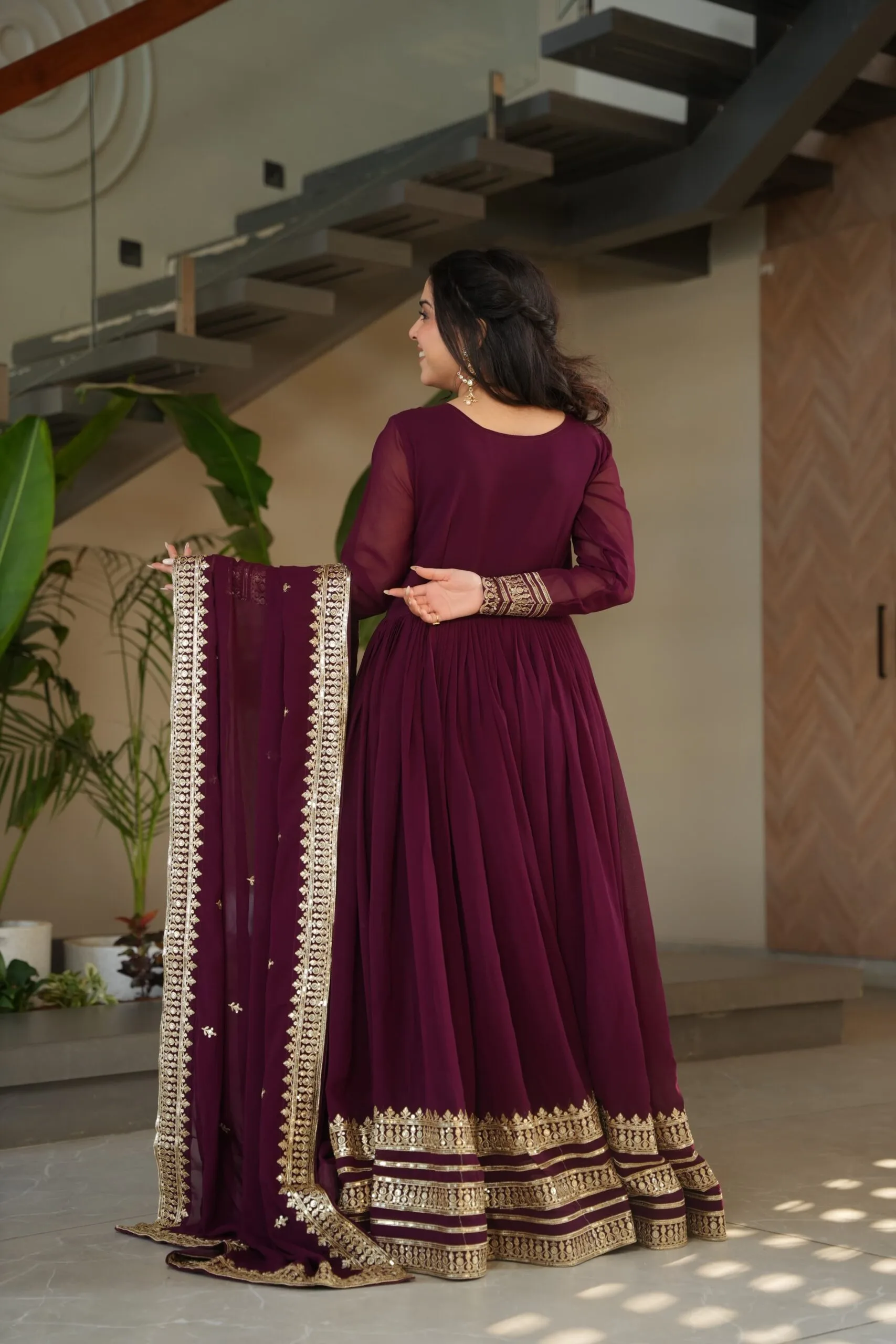 Readymade Beautiful Maroon Gown with Dupatta - Image 3