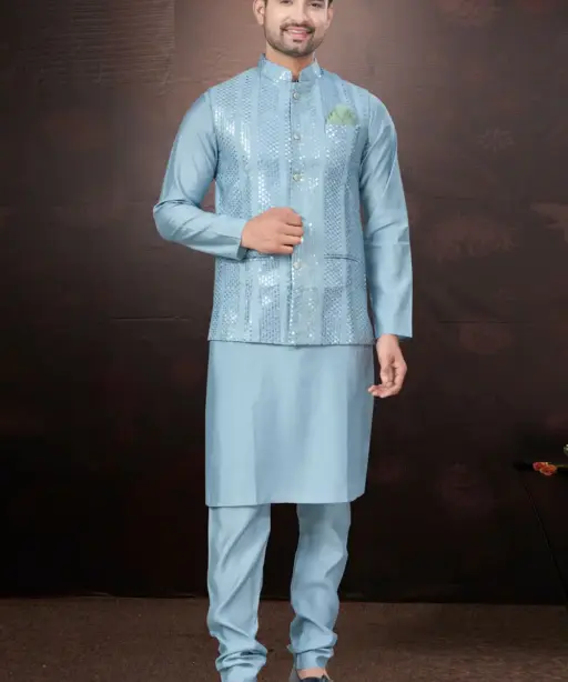 Wedding Wear Kurta With Nehru Jacket For Mens