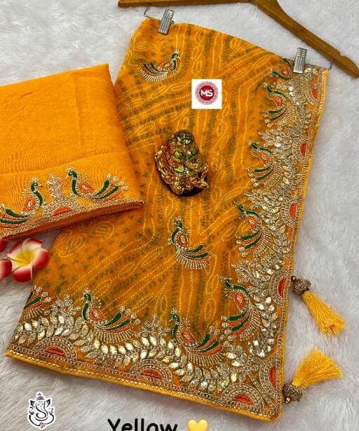 Traditional Bandhini Saree with Peacock Embroidery and Gottipati Work