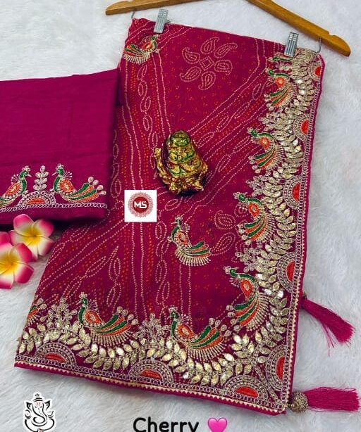 Traditional Bandhini Saree with Peacock Embroidery and Gottipati Work