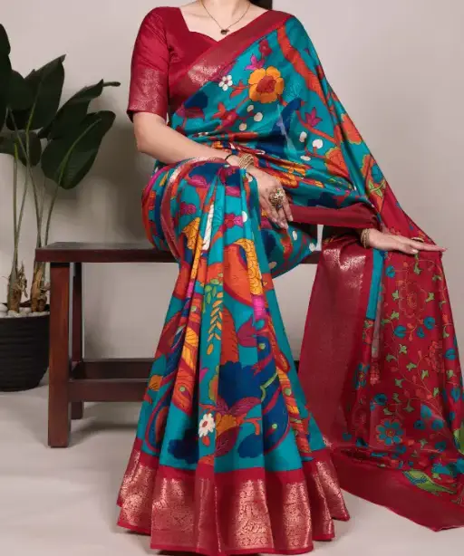 Tussar Silk Saree with Multi-Color Floral Print