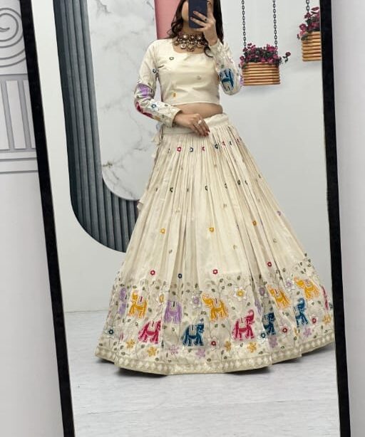 Wedding Wear Cream Lehenga Choli with Animal Thread Work