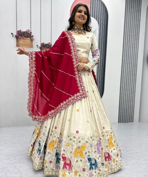 Wedding Wear Cream Lehenga Choli with Animal Thread Work