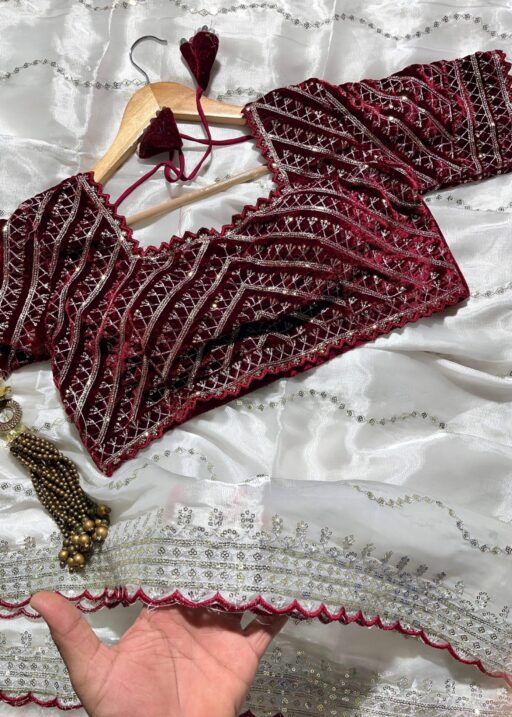 White Color Jimmy Choo Saree with Red Embroidery Blouse