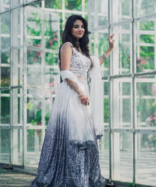 White and Purple Shaded Georgette Full Sequin Lehenga Choli