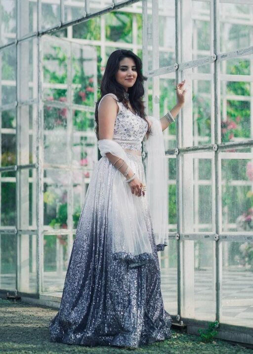 White and Purple Shaded Georgette Full Sequin Lehenga Choli