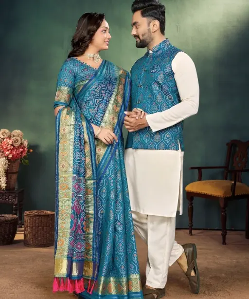 Buy Designer Couple Combo Silk Saree with Kurta