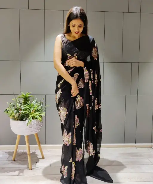 Designer Black Saree with Multi Color Sequence