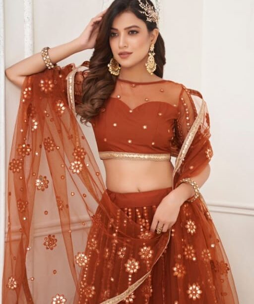 Buy Designer Orange Color Net Chaniya for Festive Wear