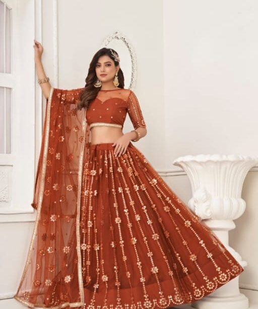 Buy Designer Orange Color Net Chaniya for Festive Wear