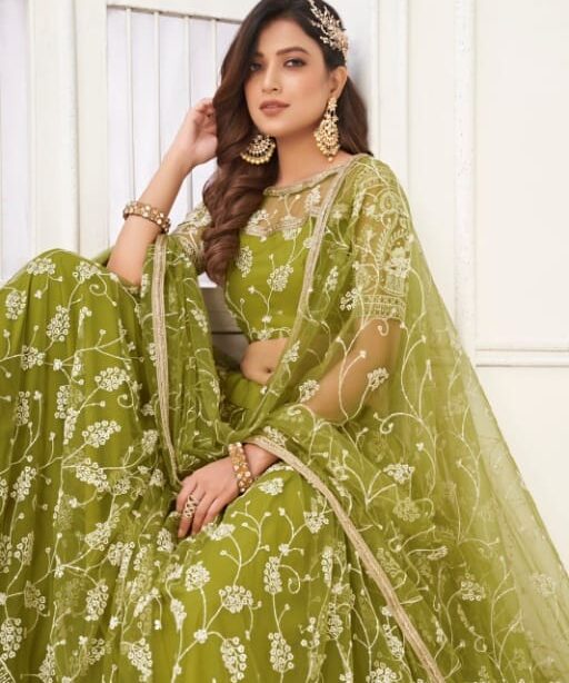 Embellished Green Wedding Wear Net Lehenga Choli