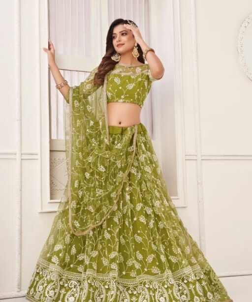 Embellished Green Wedding Wear Net Lehenga Choli